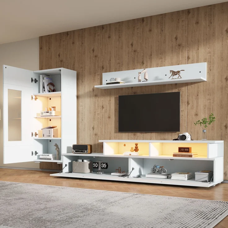TV Wohnwand Set 3-teilig LED Beleuchtung Hochglanz Wohnzimmer Möbel Set Frontale Wohnwand 1 x TV Schrank, 1 x Wohnzimmer Vitrine, 1 x Hängeregal, TV bis 75' Weiß--Weiß--130x46x15.49cm--YOUDENOVA – Bild 4