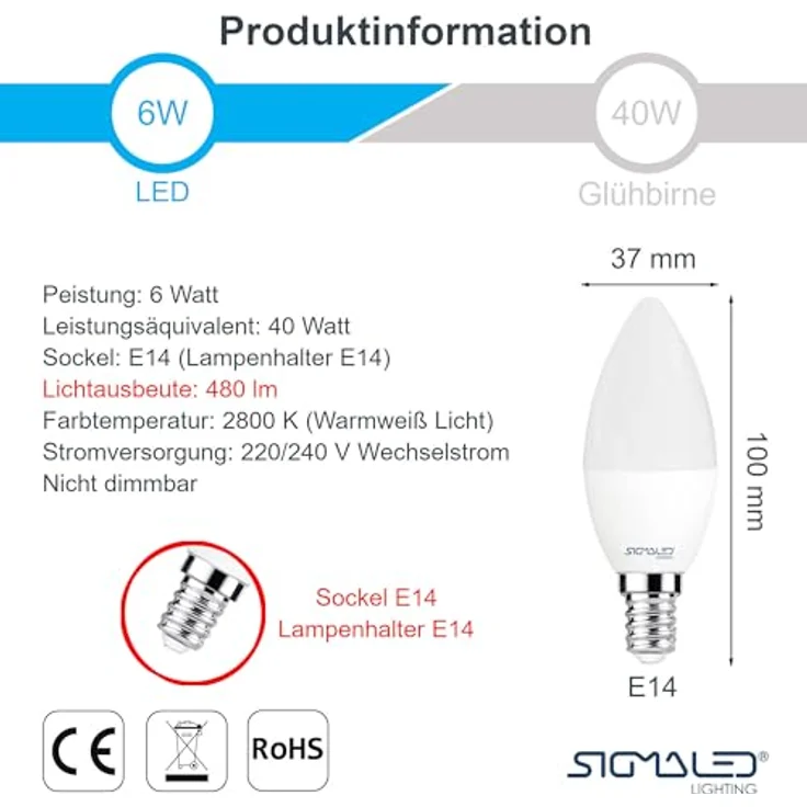 Sigmaled lighting, LED-Glühbirne E14-Sockel 6W (entspricht 40W), 480 Lumen, Warmweißes Licht (2800K), LED-Leuchtmittel Kerzenform C37, 6er-Pack – Bild 2