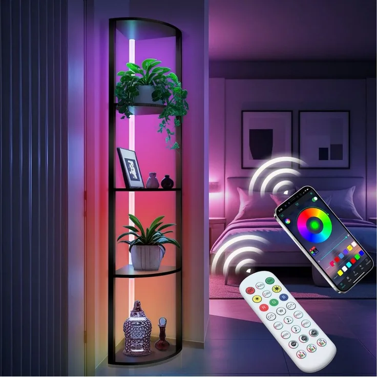 XIIW Eckvitrine LED Eckregal Standregal Bücherregal Vitrine mit Fernbedienung Smart (5 Etagen, 30×30×162 cm, Stehlampe Stehleuchte Regal aus Holz) für Wohnzimmer Schlafzimmer Flur Büro