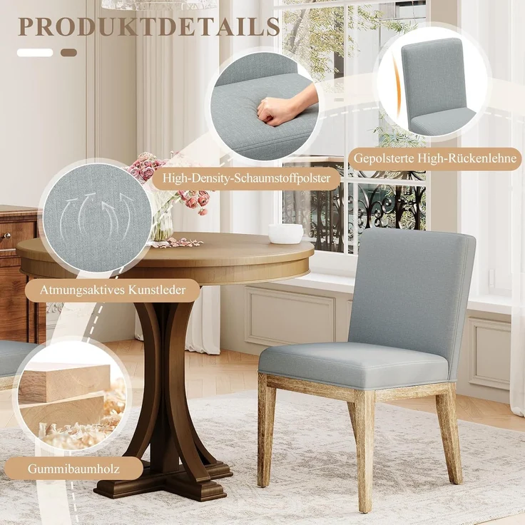COLAMY Esszimmerstühle 4er Set, Moderne Esszimmerstühle mit Stoffbezug, Küchenstühle im Landhausstil für Restaurant und Wohnzimmer, Grau – Bild 4
