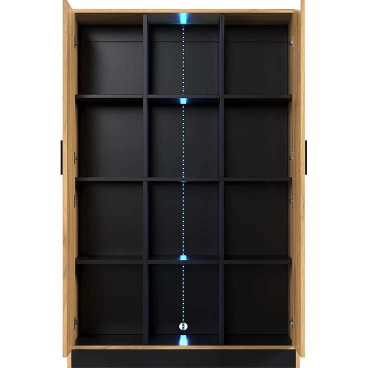 Vitrine 95 x 35 x 160 cm aus Spanplatte in Eichenholz-Optik und Schwarz mit LED-Beleuchtung – Bild 6