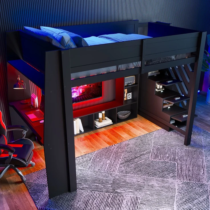 Hochbett 140x200 cm mit Schreibtisch, mehrstufigem Stauraum, LED-Beleuchtung und Stauraumtreppe, Schwarz – Bild 3