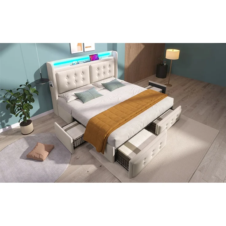 Polsterbett 180x200 cm mit LED & Ladefunktion, 4 Schubladen, Baumwoll-Leinen-Bezug, Beige – Bild 2