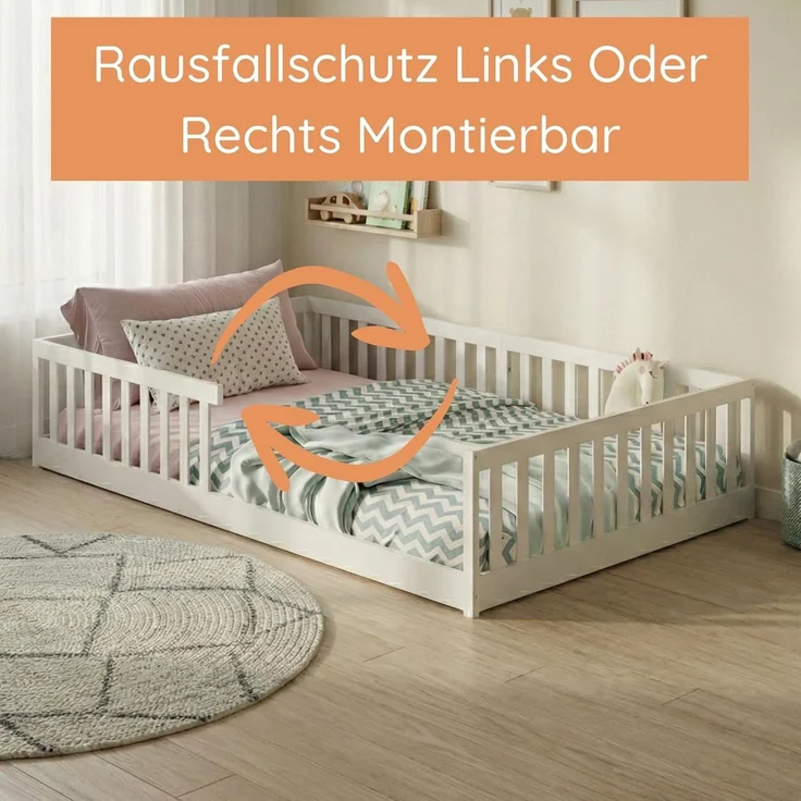 Kids Collective Kinderbett Bodenbett Bett mit Rausfallschutz & Lattenrost Montessori Bett Kinder (weitere Größen, 90x200, 120x200 cm), Jugendbett Einzelbett mit Matratze, weiß Kiefer 140x200 cm – Bild 6