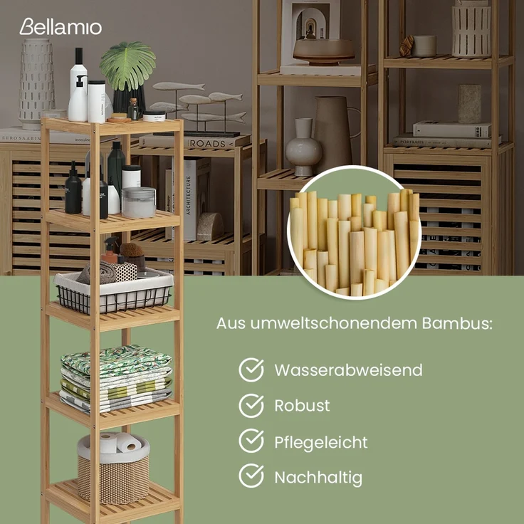Bellamio 'Newa' Badezimmer Regal, Bambus, natur, 140x33x33 cm, Badregal mit 5 Ablagefächern – Bild 3