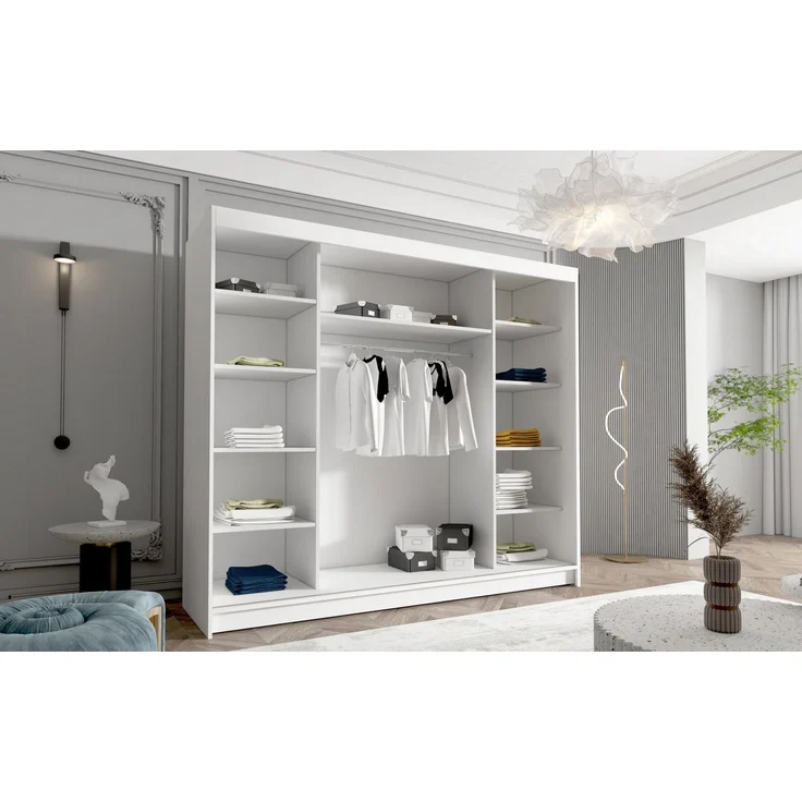 Schwebetürenschrank Netro VI 250 cm mit Spiegel - Groß Kleiderschrank, Schiebetürenschrank mit Kleiderstange und Einlegeboden, Schlafzimmerschrank, Schiebetüren, 250x215x58 cm (Schwarz/Weiß) – Bild 2