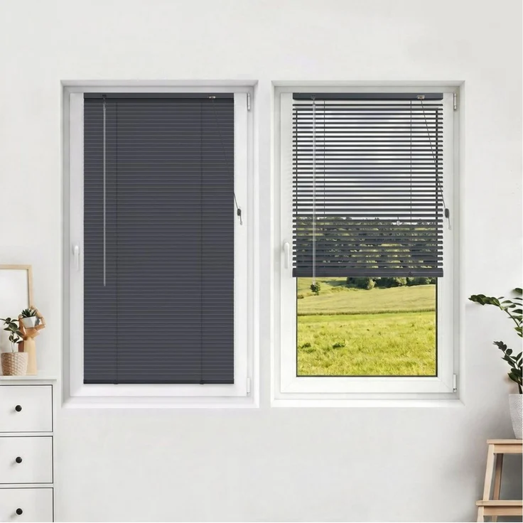 Victoria M. Jalousie LightLess Prime Aluminium-Jalousie 50x130 cm Schiefergrau matt, mit Bohren, ohne Bohren, geklemmt oder verschaubt, L Profil 25 mm Lamellen, feuchtigkeitsbeständig, verdunkelnd – Bild 1