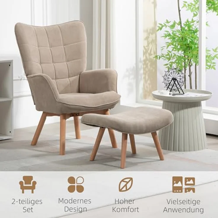 HOMCOM Relaxsessel Ohrensessel mit Hocker, Polstersessel in Cord-Optik (Loungesessel, 2-St, Armlehnstuhl), für Wohnzimmer, Hellbraun – Bild 7