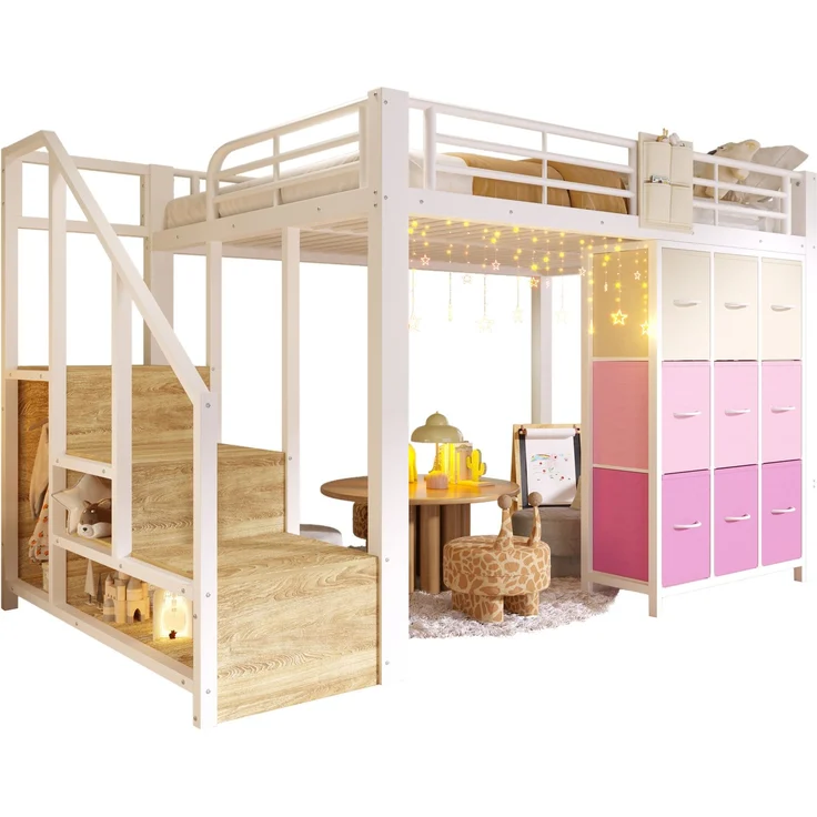 Merax Hochbett, Kinderbett 140×200 cm, Metall, mit Schubladen, Kleiderstange, Geländer, Treppe mit Stauraum, ohne Matratze, Weiß – Bild 9