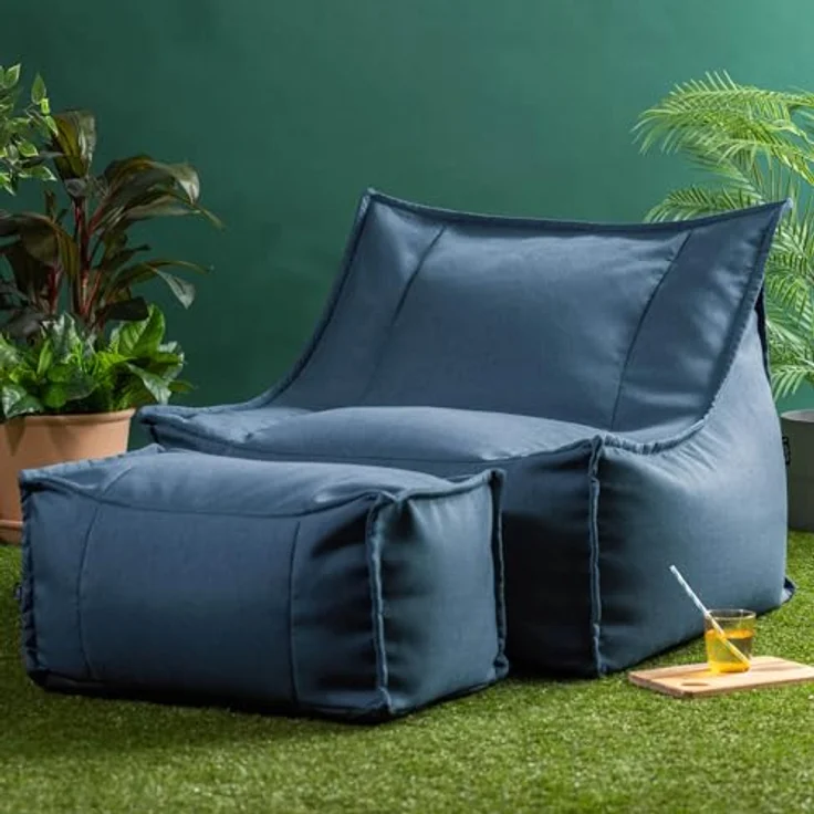 Icon Alto Sitzsack Sessel mit Hocker, Denimblau, Olefin Stoff für Drinnen und Draußen, Riesen Sitzsack mit Füllung, Bequemer Sessel, Garten, Terrasse, Lounge, Wohnzimmer – Bild 2