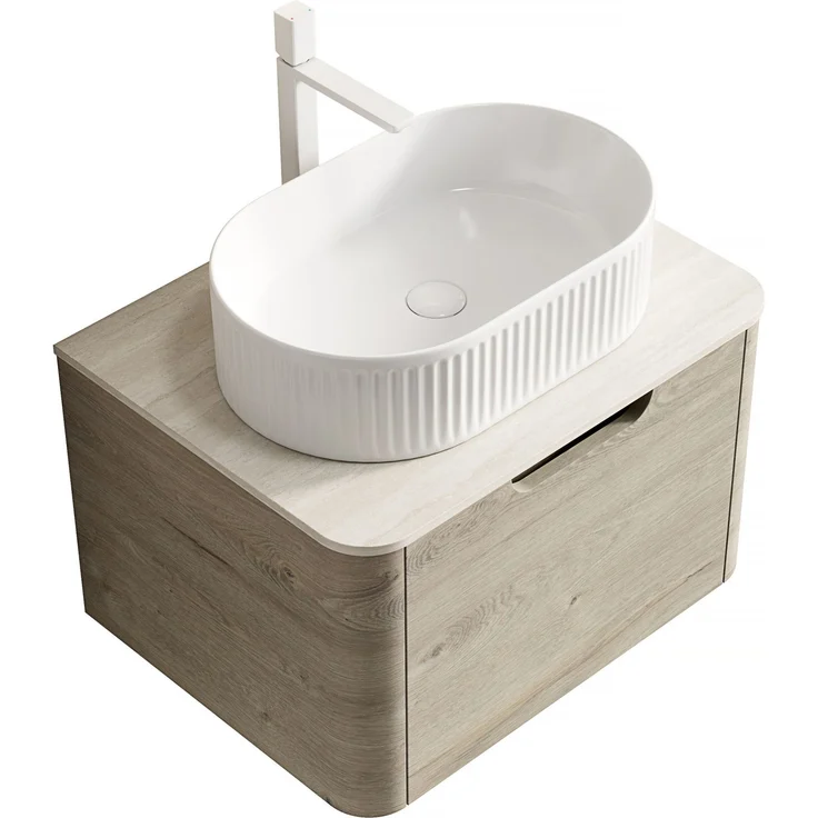 Hängender Badwaschtisch 60 cm mit ovalem Keramikbecken, Travertin-Optik und Soft-Close-Schublade – Bild 6