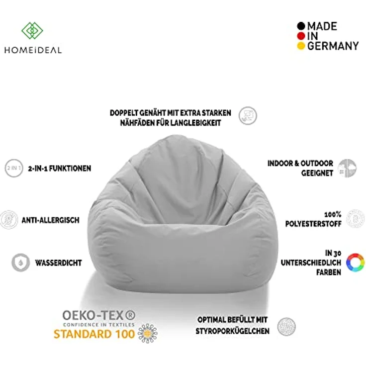 HomeIdeal - Sitzsack XXL Bodenkissen für Erwachsene & Kinder - Geeignet für Gaming oder Entspannen - Indoor wie Outdoor da er Wasserfest ist - mit EPS Perlen, Farbe:Weiß, Größe:XXL – Bild 3