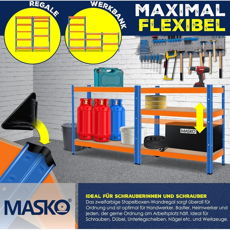 Masko 2er-Set Lagerregal Schwerlastregal, 5 verstellbare Ablagen, Metall orange / blau, 180 x 90 x 40 cm – Bild 4