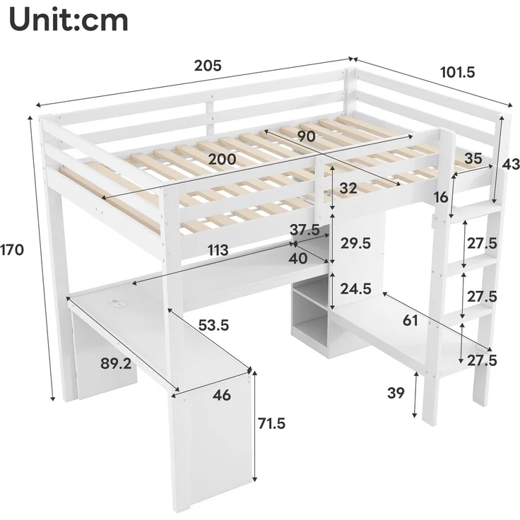 U-life Hochbett 90x200 cm mit Schreibtisch, Multifunktionsregalen, USB-Ladestation und LED-Beleuchtung, Weiß, 170 x 101,5 x 205 cm – Bild 10