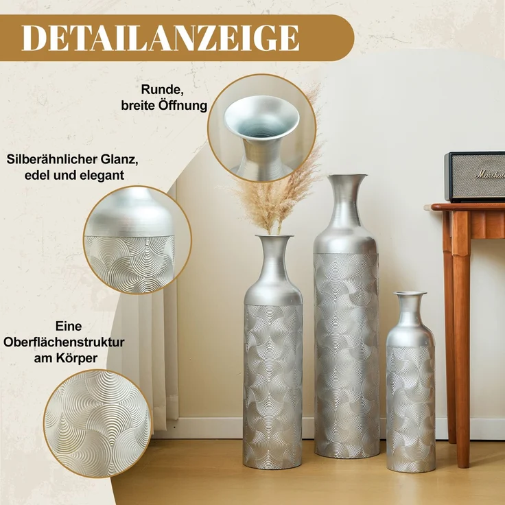 LVHOM 3er Set Bodenvase, Große Vasen aus Metall mit Rillenmuster, Dekovase für Trockenblumen, Höhen 50/66/83 cm, Vasen Set für Wohnzimmer, Flur und Büro, Silber – Bild 3