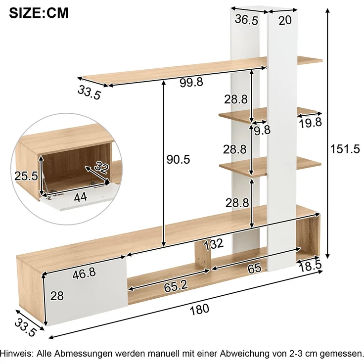 TV-Wandschrank Weiß Holzdekor für Fernseher bis 60 Zoll, Entertainment-Center mit offenen Regalen und Tür, schwebende Bücherregale – Bild 9