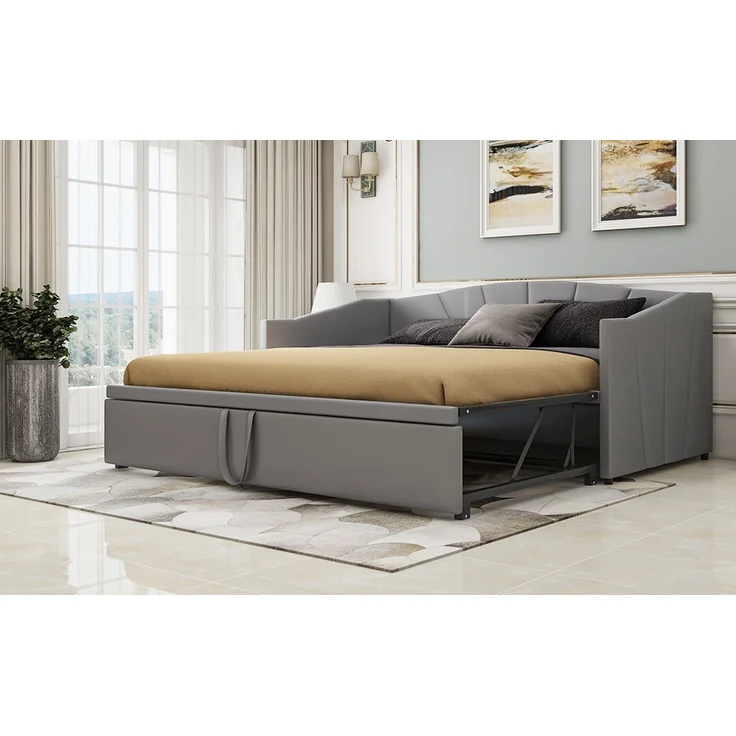 Polsterbett, Ausziehbares Schlafsofa 90/180 × 200 cm mit Lattenrosten, Multifunktionsbett aus hautfreundlichem Samtstoff, Samtstoff, Grau, 90/180 × 200 cm – Bild 9