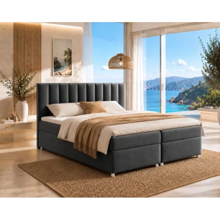 Best for Home Boxspringbett Trinity K-10, Doppelbett mit 2 Bettkästen, 7-Zonen Komfort-Topper, Federkernmatratze, gepolstertes Kopfteil, Graphit, verschiedene Größen 140x200 bis 200x200 cm – Bild 1
