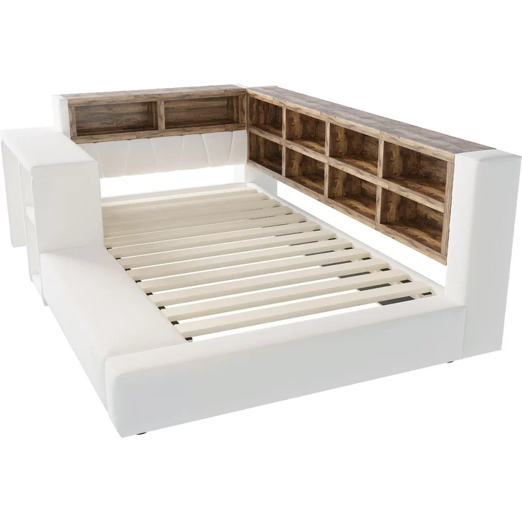 U-life Polsterbett 90x200 cm, fürs Schlafzimmer, Mit Polsterbezug, Mit Mehrstufigen Stauräumen, LED-Beleuchtung, Integrierten, Samtstoff, Beige – Bild 10
