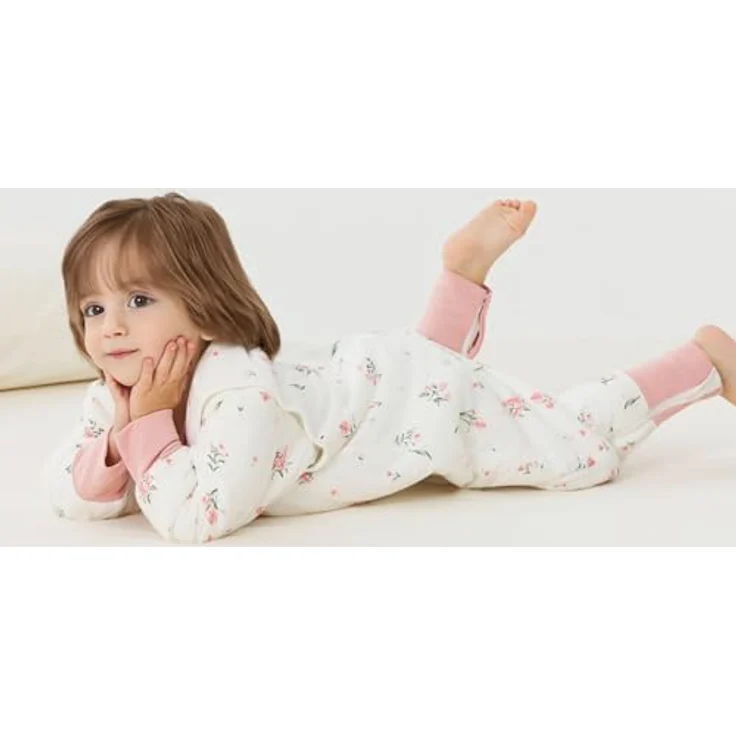 Duomiaomiao Baby Schlafsack mit füßen, Winter mit füßen,100% Baumwolle Schlafsack Baby, Baby Jungen 3.5 tog mit Schlafsack, Cartoon-Blumen,Atmungsaktiv (70-80) – Bild 4