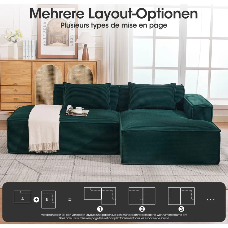 LVHOM Ecksofa 2 Sitzer, Modulares Sofa 235 cm breit, L-Form Sofa mit 2 Kissen, Schlafsofa aus Cordstoff, kein Aufbau erforderlich, Dunkelgrün – Bild 3