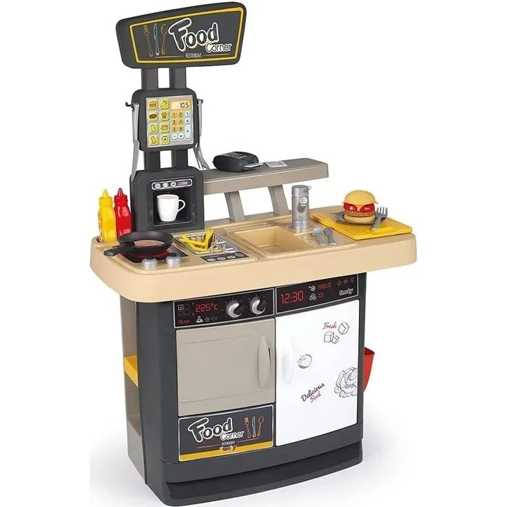 Smoby - Food Corner - 2-in-1 Spielküche und Kinderrestaurant, kompakt und rundum bespielbar, mit 29 Zubehörteilen, für Kinder ab 3 Jahren