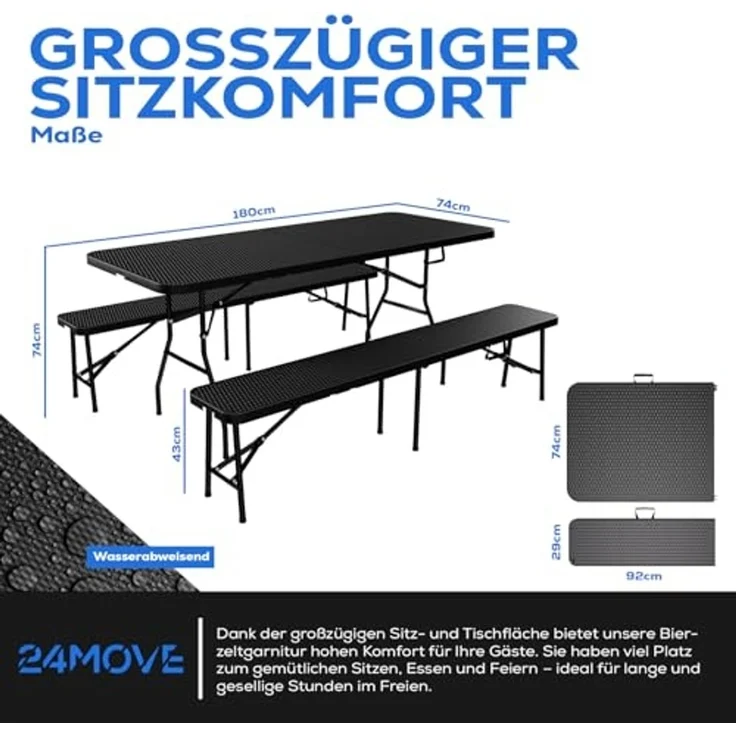 24Move Gartentisch Bierzeltgarnitur 3er-Set, Klappbarer Tisch und Bänken im Rattan-Optik (für innen & außen, belastbar bis 150 kg, 3-teilig, mit 2 Sitzbänken und 1 Tisch), Festzeltgarnitur, wetterfest und pflegeleicht – Bild 2