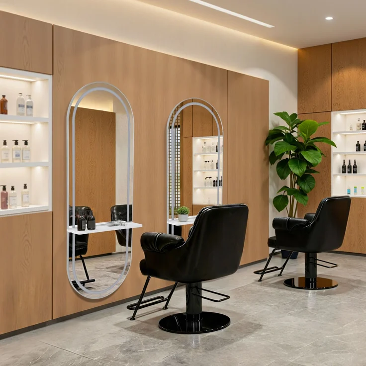 BarberPub Wandspiegel mit Beleuchtung, Ganzkörperspiegel mit Aluminiumrahmen, Großer Spiegel mit Ablage, Touch-Schalter, 3 Lichtfarben Dimmbar, für Friseursalon, 17x65x177 cm, J6270 (Weiß-Silber) – Bild 2