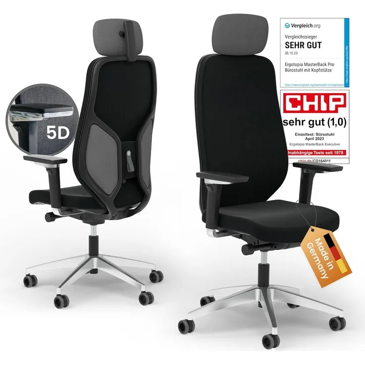 Ergotopia® MasterBack Executive ergonomischer Bürostuhl mit 3D Neigungsmechanik - Premium Schreibtischstuhl Made in Germany mit Lordosenstütze, Synchronmechanik & verstellbaren 5D Armlehnen