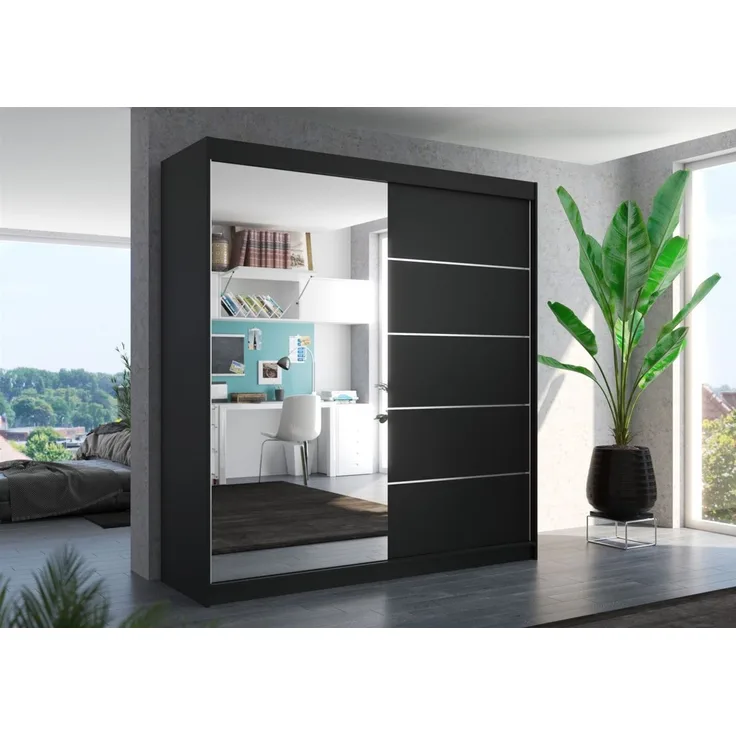 Schiebetürenschrank Schrank Nr. 415 in Schwarz matt- Spiegel 200 x 215 x 58 cm