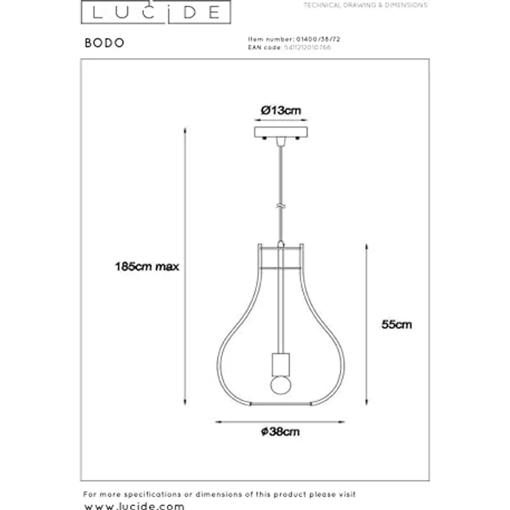 Lucide BODO Pendelleuchte, Ø 38 cm, 1xE27, höhenverstellbar, helles Holz, geeignet für LED-Lichtquellen – Bild 5