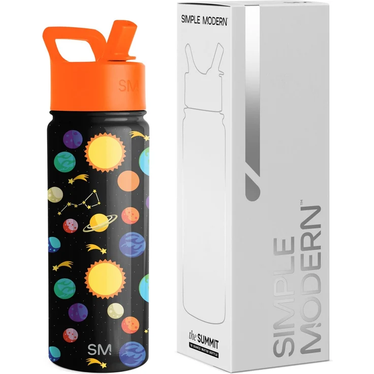 Simple Modern Trinkflasche Kinder mit Strohhalm | Sport Isolierte Edelstahl-Kindertrinkflasche für Kleinkinder Jungen und Mädchen | Summit | 530ml | Solar System