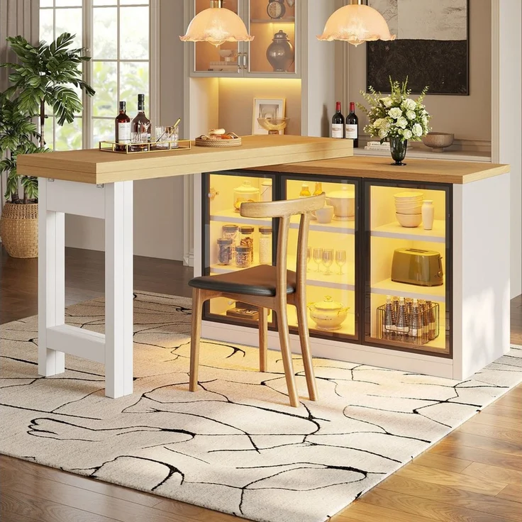 Flieks Kücheninsel mit 360° drehbarer und klappbarer Esstisch, LED-Beleuchtung, Glastüren, (Holzoptik Tischplatte Tiefe 40-80cm, Längenverstellbar 120-197 cm), ausziehbarer Arbeitstisch & multifunktional Mehrzweckschrank Weiß – Bild 1