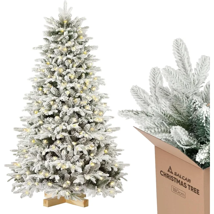 Salcar Künstlicher Weihnachtsbaum 180 cm Künstlicher Tannenbaum mit Schnee und Beleuchtung Warmweiß, Edeltanne, Christbaum mit Weihnachtsdeko, mit 908 Spitzen aus PVC und PE