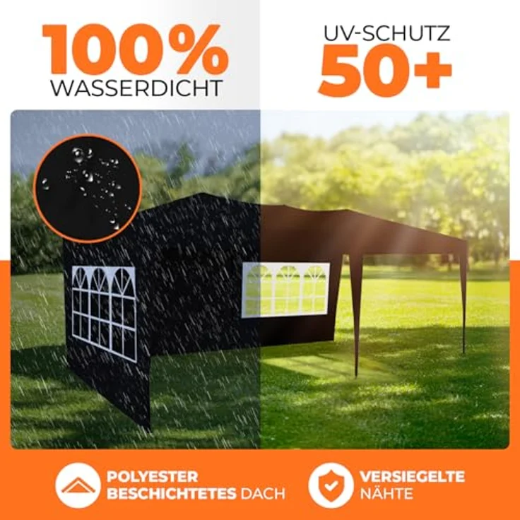 Kronenburg Faltpavillon wasserdicht Pavillon mit 3 Seitenteilen, Gartenzelt, 3x6 m - mit UV Schutz 50+, Schwarz – Bild 4