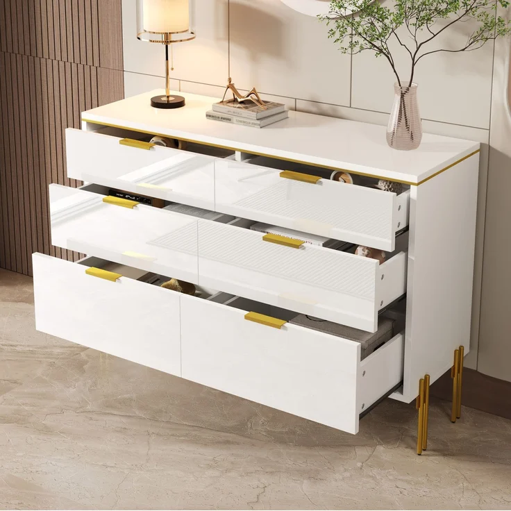 DESVIAE Sideboard mit 6 Schubladen 120x85,5x40 cm Spanplatte Weiß mit Hochglanzfronten – Bild 1