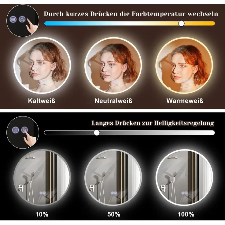 ZMH Spiegel Bad Badspiegel mit Beleuchtung - LED Wandspiegel Rund 50cm Badezimmer Badezimmerspiegel mit Touch-Schalter und Entfogger-Funktion Lichtspiegel Dimmbar 3000K-6500K