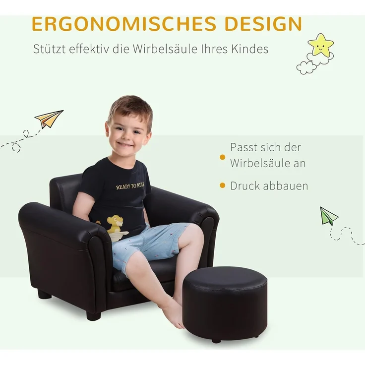 HOMCOM Kindersessel mit Fußhocker Kindercouch Kindersofa Minisofa für 1,5-3 Jahre Kinder Kindermöbel Holz Schwarz 54 x 42 x 41 cm – Bild 7
