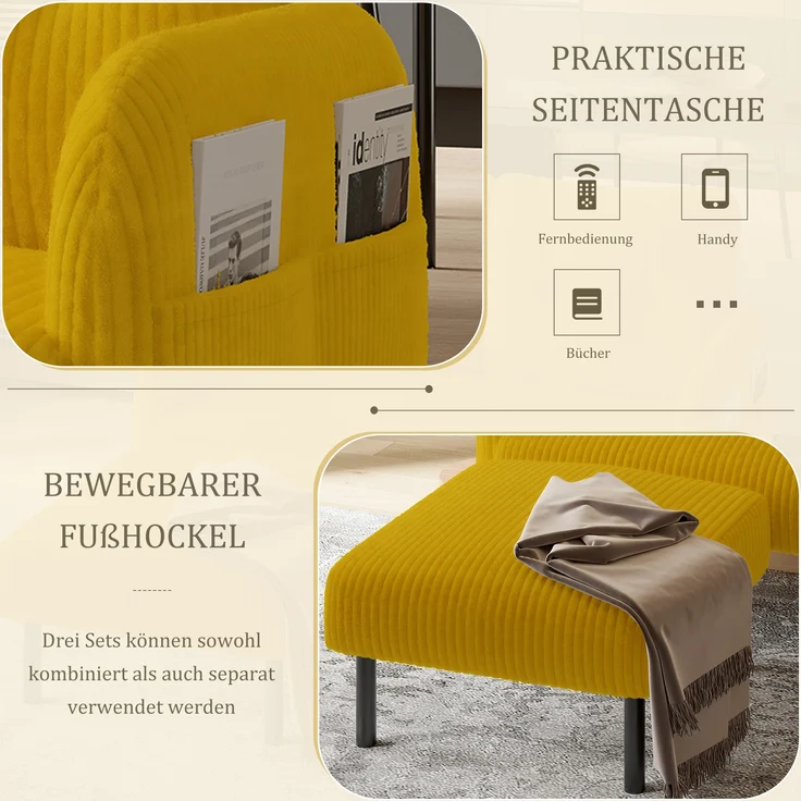 LVHOM 2-Sitzer Sofa mit Metallsockel, Doppelsofa Cordstoff mit Seitentaschen, Polstersofa Stoffsofa Sitzmöbel Loungesofa, 120x79x75cm – Bild 9