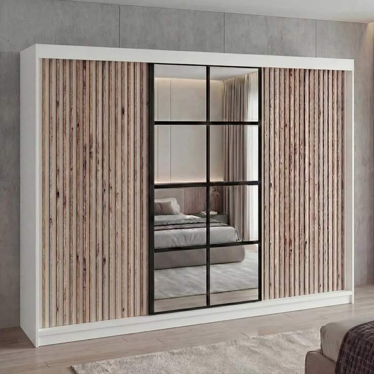 A&J MöbelLand 'NORIVO' Schwebetürenschrank, 200 cm, mit Spiegel und 3D-Lamellen, Weiß, Lamellen: Weiß, Premium + – Bild 2