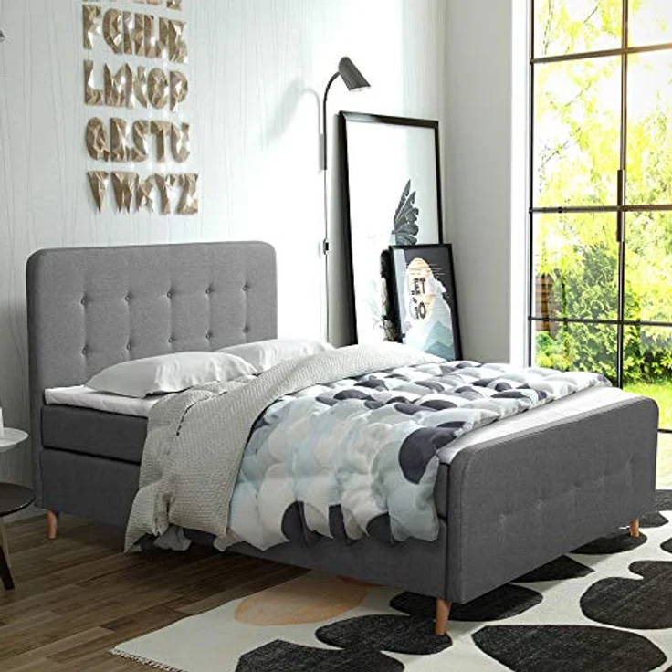 Selsey JUKOMA - Boxspringbett/Doppelbett mit Holzbeinen, Bonellfederkernmatratze und Topper (Aschgrau, 180 x 200 cm) – Bild 2