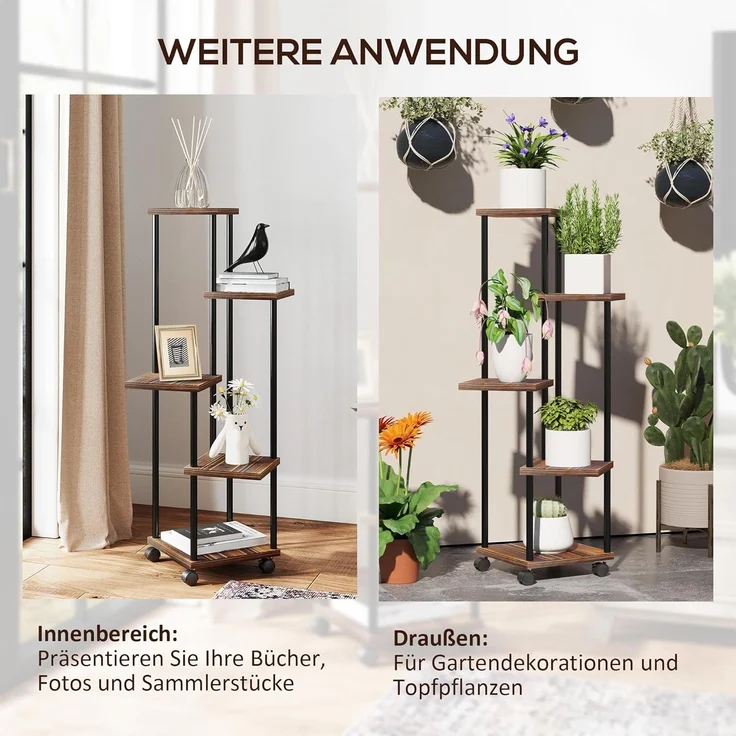 Outsunny Pflanzentreppe für Innen Außen, aus Stahl, Holz, mehrstöckig, 110 cm hoch (5-Etagen Pflanzenständer, 1 St, Blumenständer), für Wohnzimmer, Garten Balkon Deko, Verkohlt – Bild 6