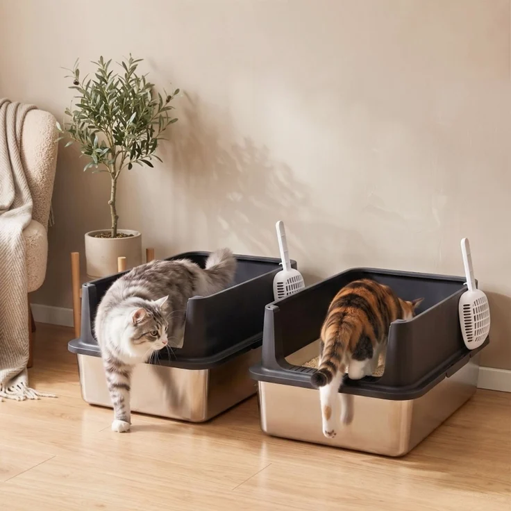 2er-Set Katzenklo Edelstahl XL mit Hohem Rand Deckel 60x40x30cm Halboffene mit 2 Schaufeln, für Große Katzen bis 8 kg--Schwarz--60x40x30cm--YOUDENOVA – Bild 2