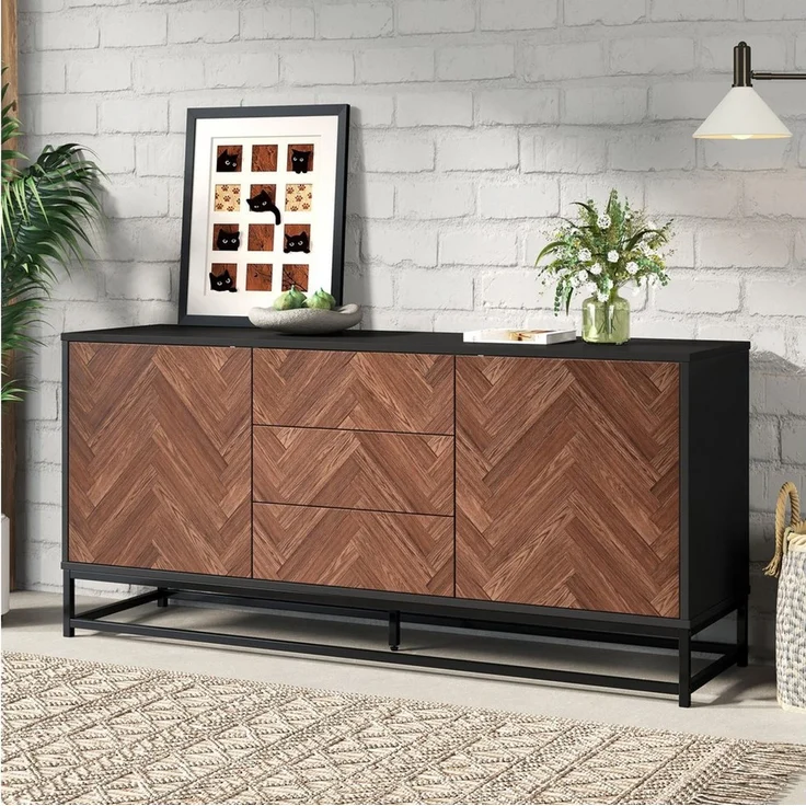 Merax Sideboard mit Kippschutz, verstellbaren Böden & Füßen (Anrichte in Holzoptik und Schwarz, 1 St, 145×40×67 cm), Kommode mit 3 Schubladen, 2 Türen & Metallrahme – Bild 1