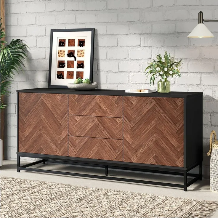 Merax Sideboard mit Kippschutz, verstellbaren Böden & Füßen (Anrichte in Holzoptik und Schwarz, 1 St, 145×40×67 cm), Kommode mit 3 Schubladen, 2 Türen & Metallrahme