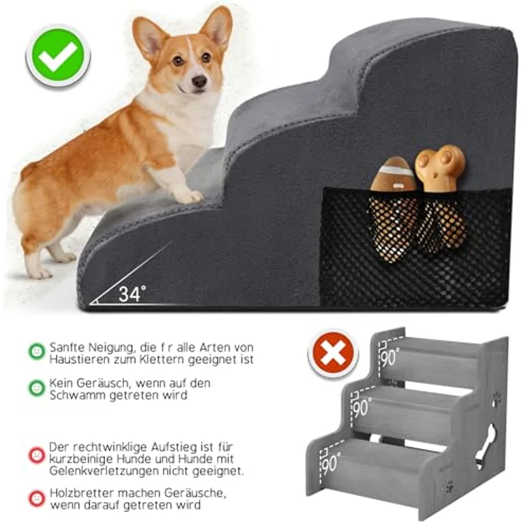 HEVOL Hundetreppe mit 3 Stufen – Hochwertige Schwamm-Hundetreppe für kleine Hunde, tragbare Haustiertreppe und Katzentreppe mit waschbarem Bezug für Sofa und Bett. Inklusive 1 Fusselrolle – Bild 4