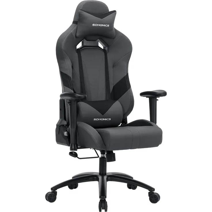 Songmics Bürostuhl Gaming Stuhl Chefsessel ergonomisch mit Verstellbare Armlehnen, Kopfkissen Lendenkissen 66 x 72 x 124-132 cm Grau-Schwarz RCG13G