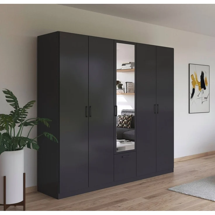 rauch Drehtürenschrank Kleiderschrank Schrank Garderobe Wäscheschrank BARI mit Spiegel mit Schubasten mittig, moderner Griff in Graumetallic MADE IN GERMANY
