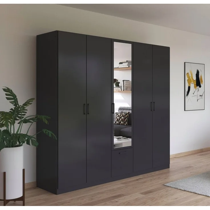 rauch Drehtürenschrank Kleiderschrank Schrank Garderobe Wäscheschrank BARI mit Spiegel mit Schubasten mittig, moderner Griff in Graumetallic MADE IN GERMANY