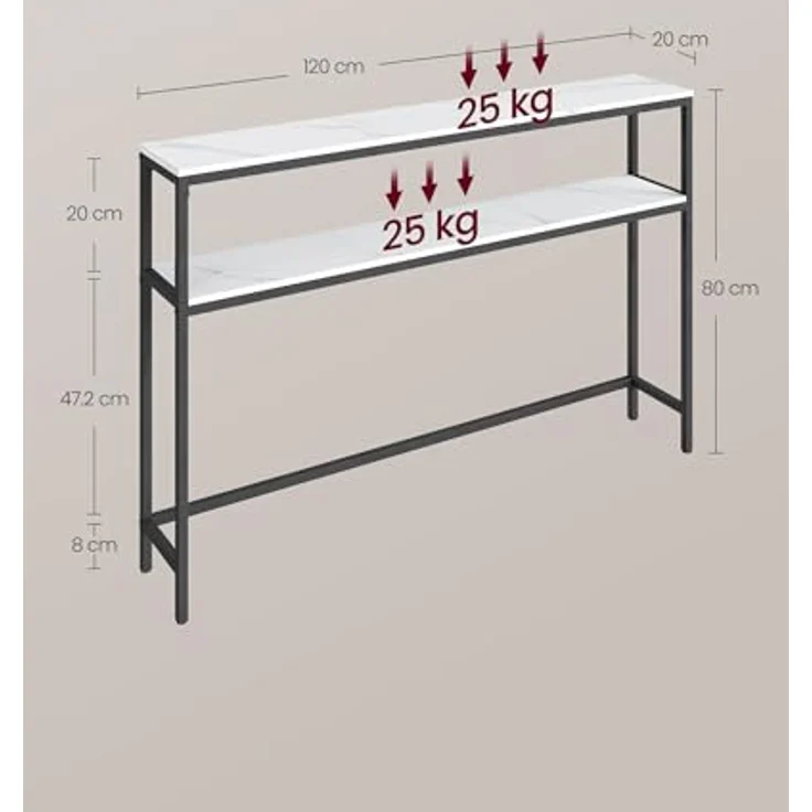 VASAGLE Konsolentisch, schmaler Sofatisch mit 2 Ablagen, 20 x 120 x 80 cm, Flurtisch, 2 Ebenen, für Flur, Wohnzimmer, Schlafzimmer, marmorweiß-tintenschwarz LNT133W59 – Bild 4